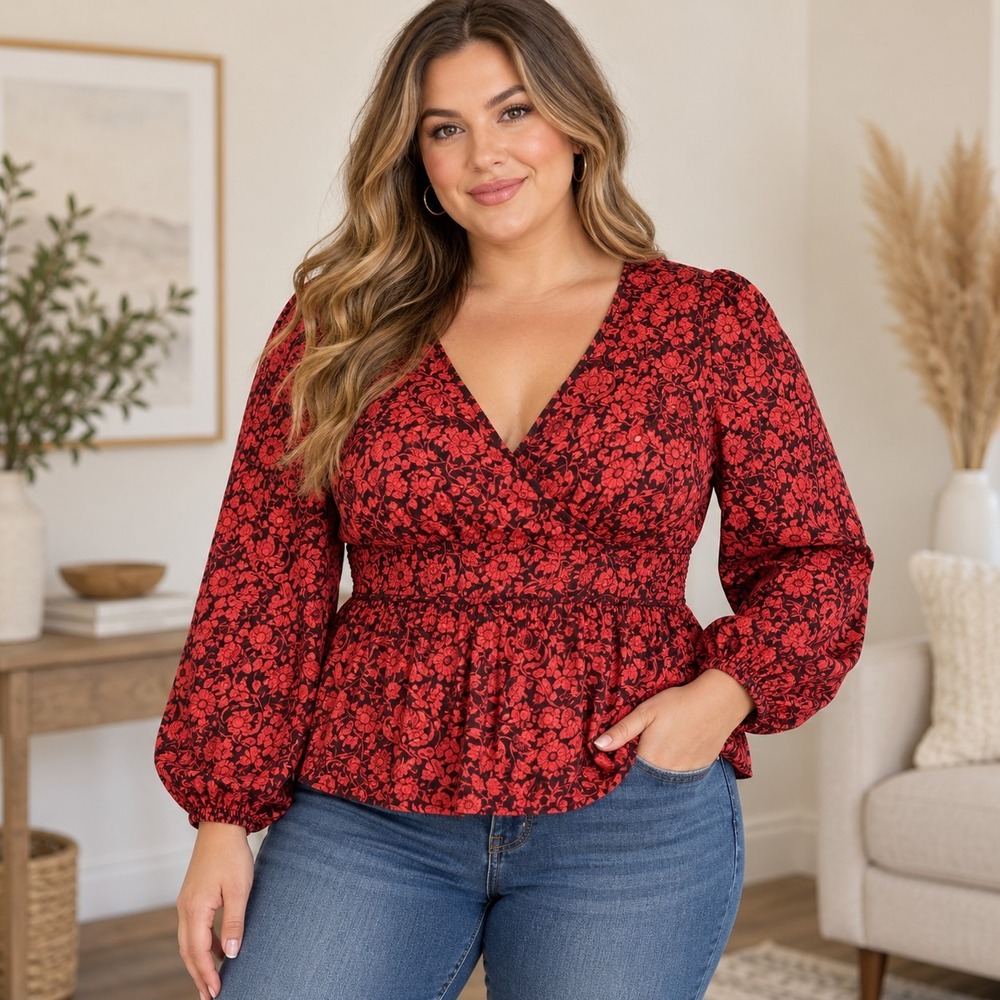Knox Rose Red Floral V-Neck Top Women's Large Peasant Whimsigoth RenFaire Boho